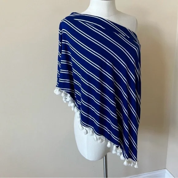 🏝️EUC - Trina Turk Pomona Top Women size XL - One shoulder Tassels Blue White - Picture 10 of 10